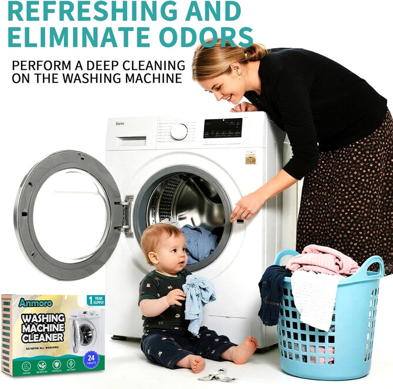 Anmoro Washing Machine Cleaner Tablets,24 Pack Deep Cleaning Tablets for HE,Front & Top Load Washers - Eliminates Odor-Causing Buildup,Debris from the Drum,and Pet Hair,Septic Safe - 1 Year Supply - Image 2